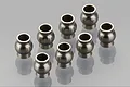Eight small silver-coloured metal pivot balls arranged on a reflective grey surface.