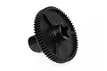 A black plastic 65T spur gear for an HPI E10 RC car, shown from an angled perspective against a white background.