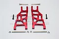 A pair of red anodized aluminium front lower suspension arms for a Traxxas Stampede 2WD, including mounting pins, screws, and E-clips.