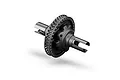 A complete gear differential for an XRAY X4 RC car, featuring a black plastic housing and metal outdrives against a white background.