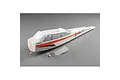 White E-Flite Apprentice STS RC plane fuselage with orange and black decals, including canopy and small hardware parts on a grey background.