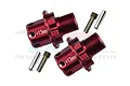 Two red anodized aluminium +13mm wheel hex adapters for RC cars, including two metal pins and two grub screws, displayed on a white background.