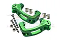 Two green anodized aluminium C-hub steering carriers for RC cars, with included screws, nuts, and bushings, displayed on a white background.