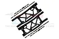 A pair of black GPM Racing aluminium rear suspension arms for an RC car, including mounting screws and hardware, displayed on a white background.