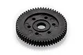A black plastic spur gear for an RC car, shown from an angled perspective against a white background.
