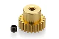 A brass 22-tooth pinion gear for RC vehicles, shown with a small black grub screw on a white background.
