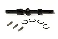A black metal main gear shaft for an HPI Savage RC car, accompanied by three small metal pins and four E-clips on a white background.