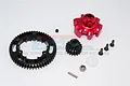 GPM Racing 18T pinion and 53T spur gear set with a red aluminium gear adapter and mounting hardware on a white background.