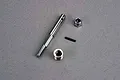 Traxxas slipper clutch shaft set including a metal shaft, spring, lock nut, and roll pin on a grey background.