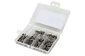 A clear plastic storage box filled with various sizes of stainless steel RC screws, organized into compartments.