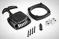 Rovan 1/5 scale RC pull start assembly with black plastic housing, spacer, metal claw, and mounting screws on a white background.