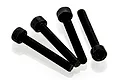 Four black metal cap head screws with hexagonal sockets arranged on a white background.