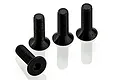Four black metal countersunk head screws with hex drive sockets arranged on a white background.