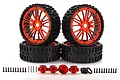 A set of four Rovan 6.5 inch all-terrain RC wheels with black knobby tires and metallic red multi-spoke rims, including hex adapters and mounting hardware.