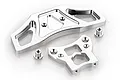A silver aluminium front bumper kit for an RC car, including two machined metal bumper components and two small threaded standoffs on a white background.
