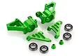 A set of bright green anodized aluminium RC front steering hubs, steering arms, and rubber shielded ball bearings on a white background.
