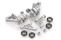 A set of silver aluminium RC front steering hubs with matching steering arms, bearings, and spacers on a white background.