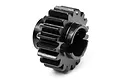 A black 19-tooth heavy-duty metal drive gear for HPI RC vehicles isolated on a white background.