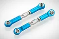 Two blue anodized aluminium adjustable RC turnbuckles with silver metal ball ends on a white background.