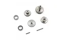 A set of stainless steel servo gears, ball bearings, and metal pins for RC hobby use arranged on a white background.