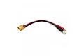 A charging lead with a yellow XT60 male connector on one end and two 4mm banana plugs with red and black housings on the other.