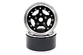 Two 1.9-inch RC beadlock rims with silver outer rings and black carbon fiber-style 5-spoke centers stacked vertically.
