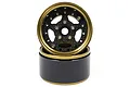 Two Yeah Racing 1.9 inch 5-spoke beadlock rims with gold outer rings and black carbon fiber style centers stacked on a white background.