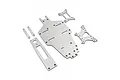 A set of carbon fiber RC chassis upgrade parts for the Tamiya Top Force, including a main deck, shock towers, and support plates.