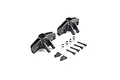 Losi Baja Rey steering spindle set including two black plastic steering knuckles, four metal ball studs, four screws, and two small black plastic plates.