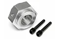 A silver metal hex hub and two black metal pins for HPI Baja RC vehicles.