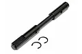 A black metal spur gear shaft for HPI Baja RC vehicles, accompanied by two small black E-clips on a white background.