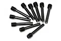 A collection of nine black metal grub screws with threaded ends arranged in a fan pattern against a white background.
