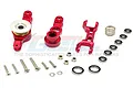 GPM Racing red aluminium steering assembly set with servo saver components, including screws, bearings, and metal parts on a white background.