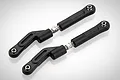 Two black plastic RC car upper suspension linkages with metal ball ends on a white background.