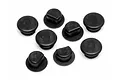 Eight small black rubber caps for HPI Baja RC vehicles arranged on a white background.