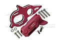GPM Racing red anodized aluminium motor mount and gearbox set with included screws and washers on a white background.