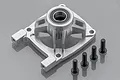 A silver aluminium Rovan clutch bracket for 5IVE-T RC cars, featuring a pre-installed rubber shielded bearing and four black mounting screws.