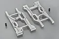 Two silver aluminium RC rear suspension arms with two small black grub screws on a grey background.