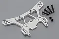 A silver aluminium RC shock tower with multiple mounting holes, accompanied by four black screws and two black nuts on a grey background.