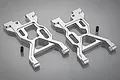 A pair of silver aluminium front suspension arms for an RC vehicle, shown on a grey background with two small black grub screws.
