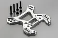 A silver aluminium front shock tower for an RC vehicle, accompanied by four black bolts and two black nuts on a grey background.