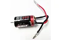 RGT 390-sized brushed RC motor with black and red casing, featuring attached wires with bullet connectors against a white background.