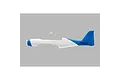 A white and blue painted foam fuselage for the E-Flite V1200 RC airplane, shown from the side against a plain grey background.