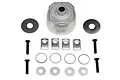 HPI Savage aluminium differential case set including housing, screws, washers, and shims on a white background.