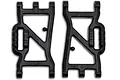 Two black RPM front suspension arms for Team Associated RC vehicles, shown from a top-down perspective on a white background.