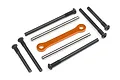 A set of HPI Racing RC spare parts including metal hinge pins, threaded screws, and an orange anodized suspension link on a white background.