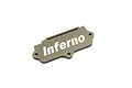 A gunmetal grey Kyosho Inferno switch plate with the word Inferno printed in white, featuring mounting holes and a slot.