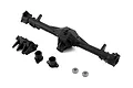 Losi rear axle housing set including the main axle casing, suspension mounts, end caps, and two small metal ball bearings on a white background.