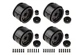 Four black 1.9-inch beadlock RC crawler rims with matching hex hubs, center caps, and mounting screws arranged on a white background.