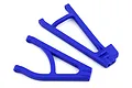 Two blue plastic suspension arms for a Traxxas E-Revo 2.0 RC car, shown against a white background.